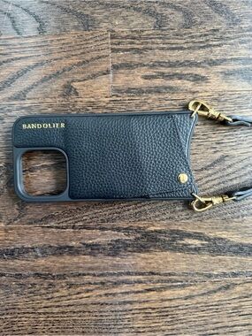 Bandolier Black Leather Crossbody iPhone 15 Pro Snap Card Slot • Black / Gold